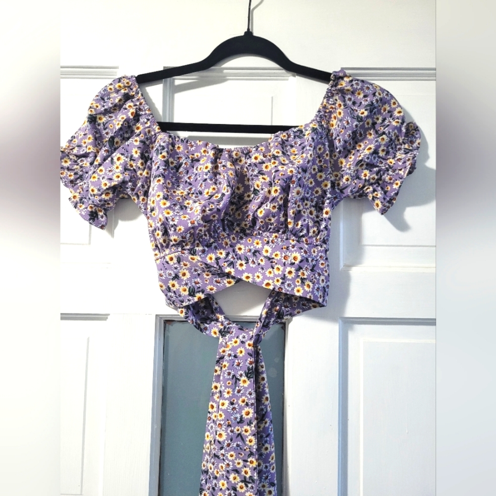 Lyaner Floral Puff Sleeve Crop Top, Size Small, Purple, Bow, Tie, Off Shoulder
